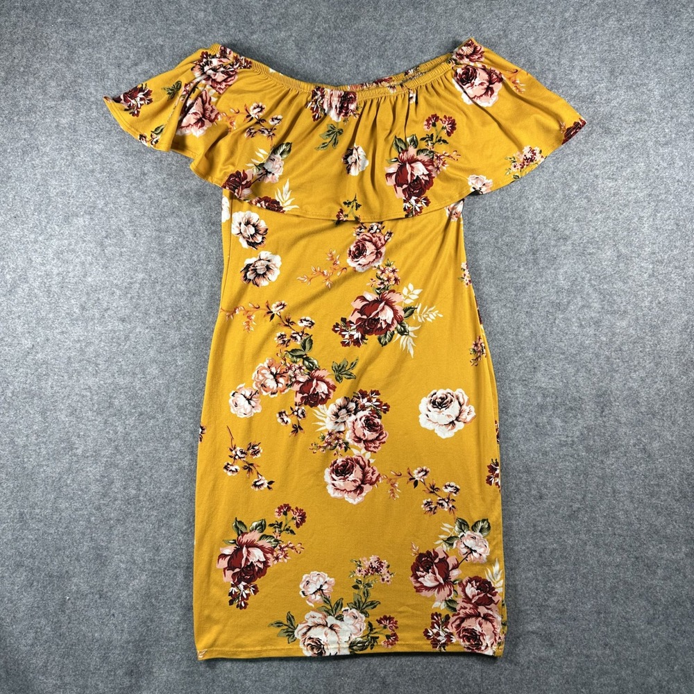 TMG New York Womens Off The Shoulder Ruffle Dress Small Mustard Yellow Floral